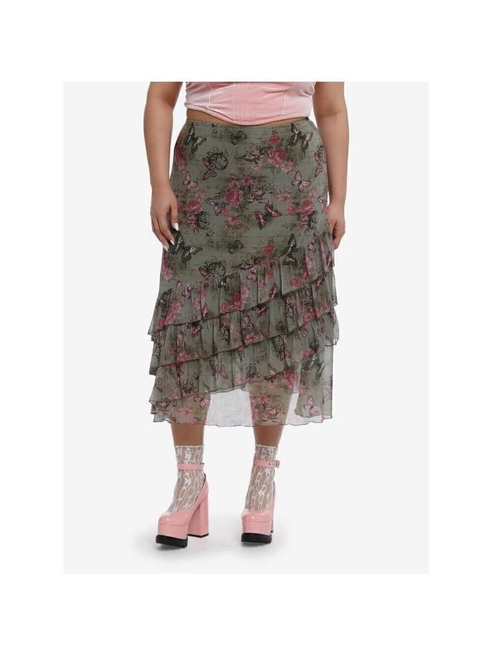 Sweet Society Butterfly Mesh Mermaid Tiered Midi Skirt Plus Size 1